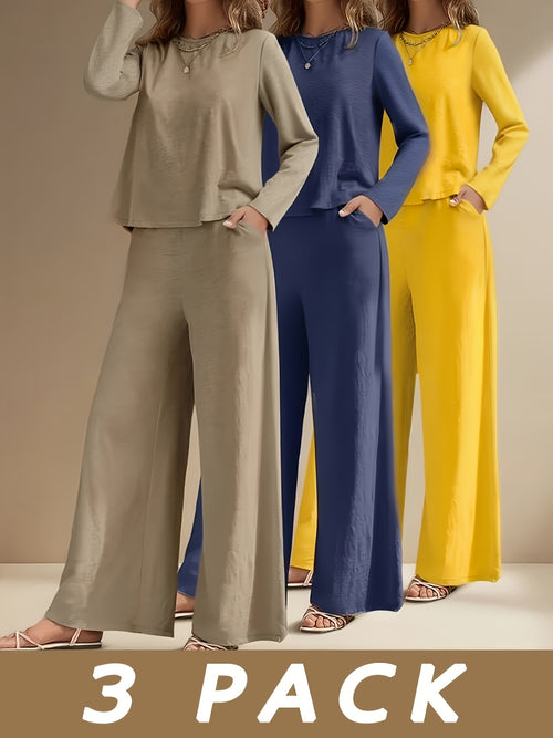 6pcs/3 Sets Fashionable Casual Long Sleeved Spring And Autumn Women'S Set, Solid Color Long Sleeved Top+solid Color Long Pants Set, Suitable For Daily Wear And Vacation In Spring And Autumn