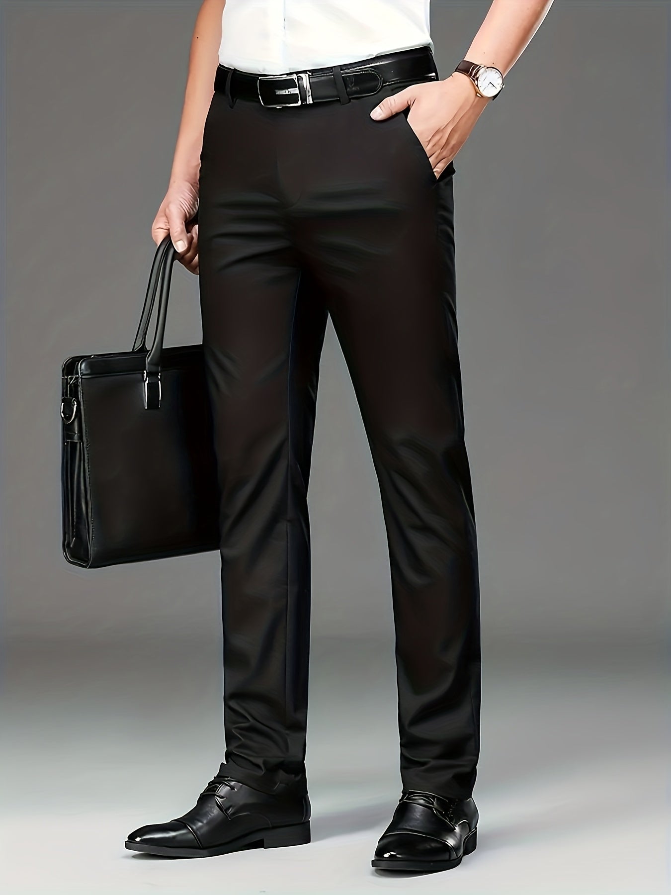 Men's High-elasticity Anti-wrinkle Straight-leg Dress Pants, High-waisted Business Casual Long Pants, Button And Zipper Design, Machine-washable All-season Classic Solid Color Suit Pants, Professional Clothing, Wear-resistant Fabric, Formal Wear