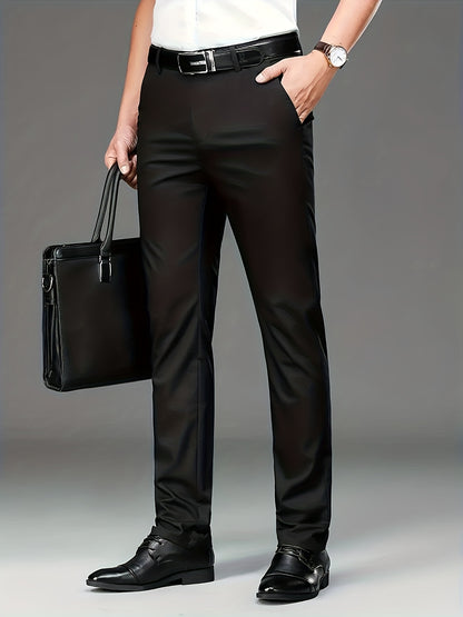 Men's High-elasticity Anti-wrinkle Straight-leg Dress Pants, High-waisted Business Casual Long Pants, Button And Zipper Design, Machine-washable All-season Classic Solid Color Suit Pants, Professional Clothing, Wear-resistant Fabric, Formal Wear