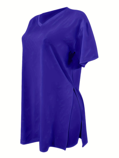 2pcs Set, Plus Size Women's Suit, Short Sleeve, Belted Waist, Top And Leggings