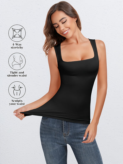 [2pcs Tummy Control Shapewear] 2pcs Durable & Comfortable Tummy Control Shapewear Compression Tank Tops For Women | Seamless Square Neck Body Shaper Camisole, Breathable, Suitable For Daily Casual Wear, Shopping, Parties, Dates & Festivals
