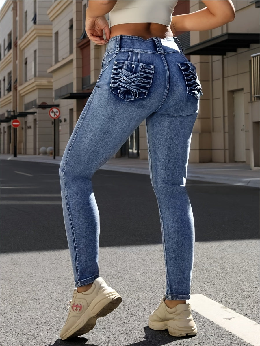 Fashion Wash Blue Front Row Button Pocket Folding Decoration High Waist Stretch Slim Hip Lifting Women Casual Tight Jeans