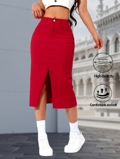 Women's High Waisted Red Midi Denim Skirt with Side Slit, Casual Vintage Jean Skirt, Comfortable and Stretchy Button Front Design, Y2K Fashion Style for Spring Summer Outfits