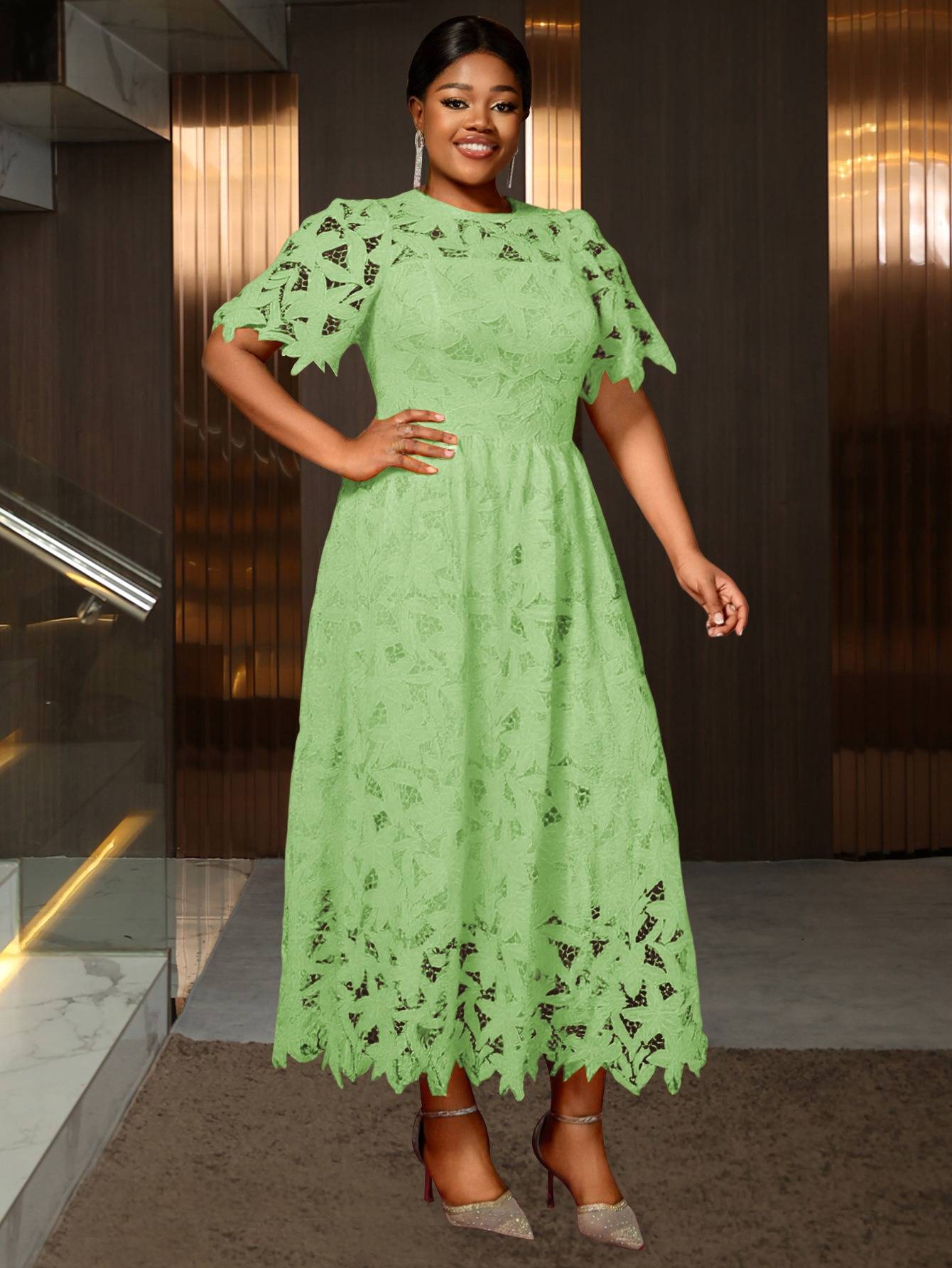 Plus Size - Plus Size - Plus Size Round Neck Lace Dress, Elegant Midi Length with Waist Definition, Formal Banquet And Evening Gown
