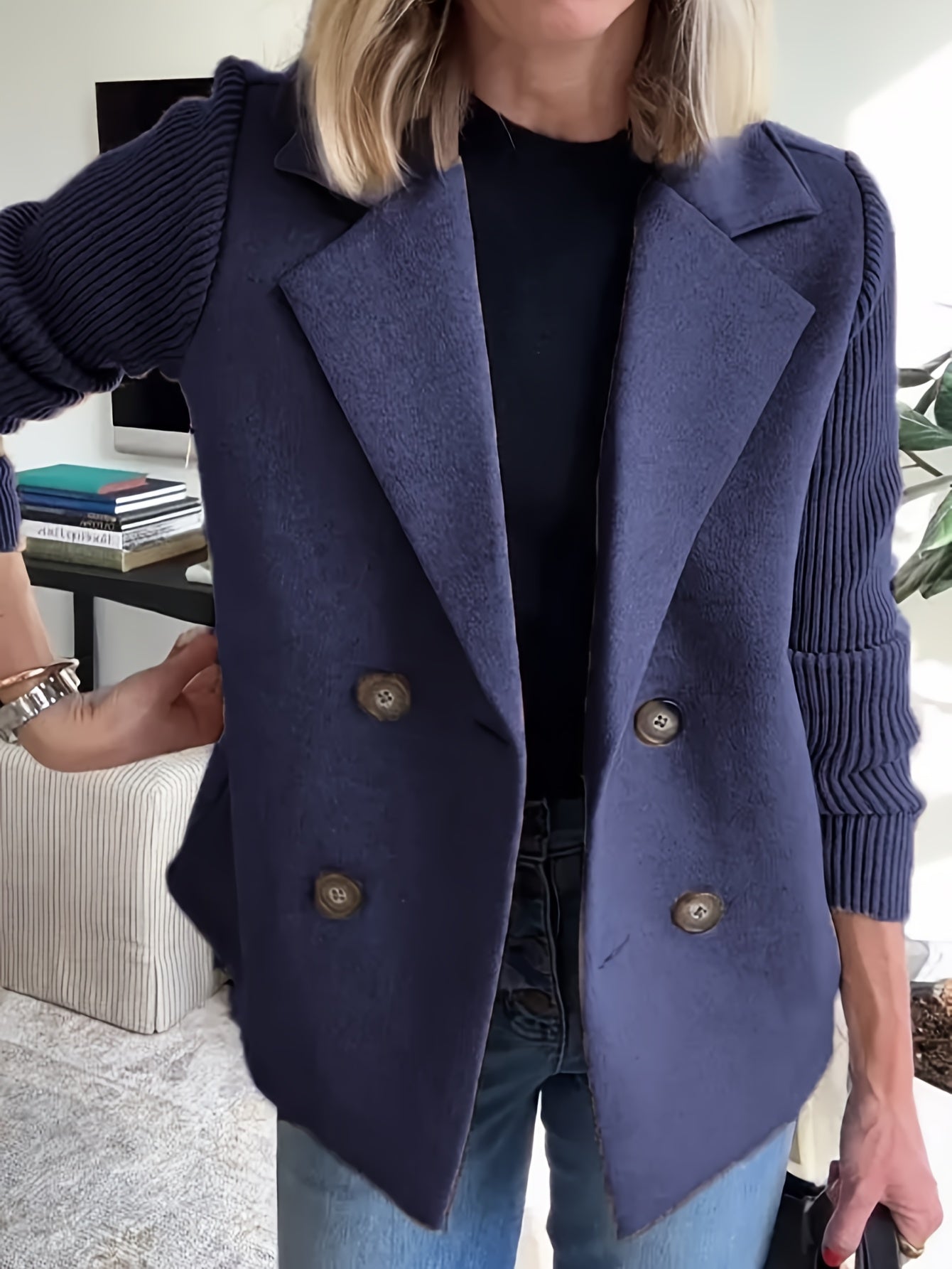 Women'S New Fashion Casual Double-Breasted Casual Strip Long-Sleeved Suit Jacket