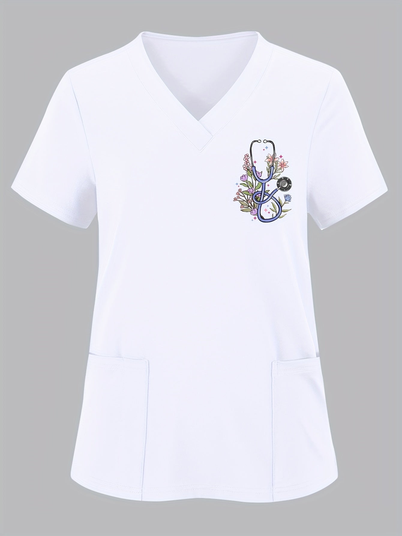 Women'S Elegant Floral Stethoscope Print V-Neck Scrub Top, Polyester Knit Fabric with Medium Stretch, Short Sleeve Nurse Uniform with Pockets, All-Season Loose Fit Pullovers