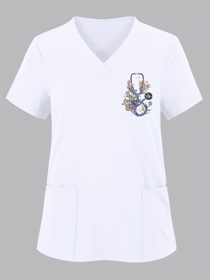 Women'S Elegant Floral Stethoscope Print V-Neck Scrub Top, Polyester Knit Fabric with Medium Stretch, Short Sleeve Nurse Uniform with Pockets, All-Season Loose Fit Pullovers