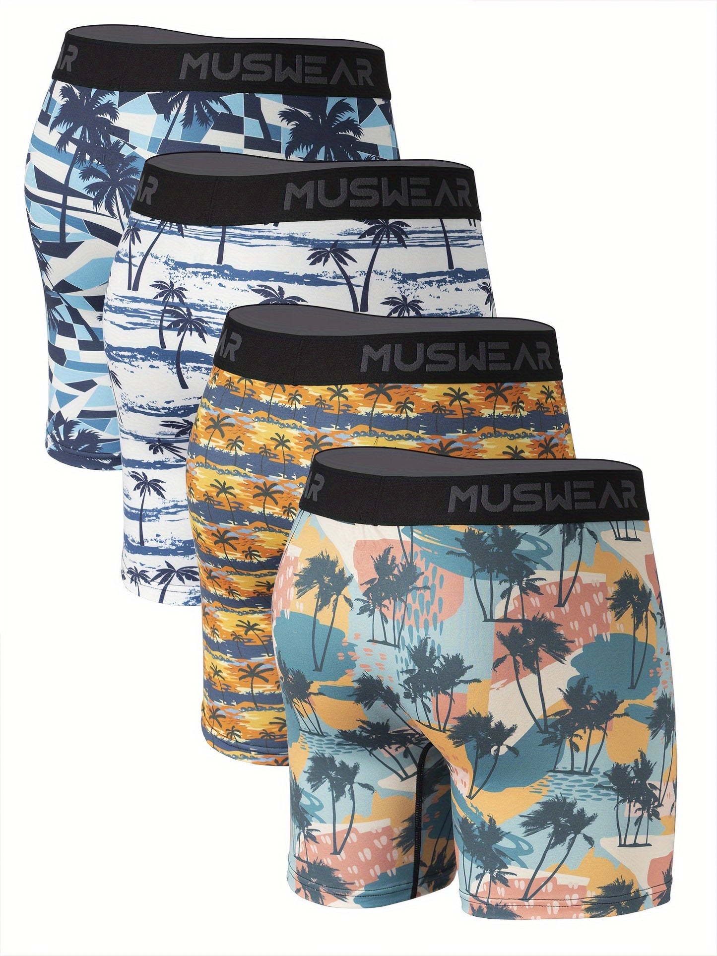 Stylish High Quality Series - 4pcs Men's Coconut Tree Print Stretchy Long Boxer Briefs - Comfy & Quick- Drying & Breathable Underwear Set