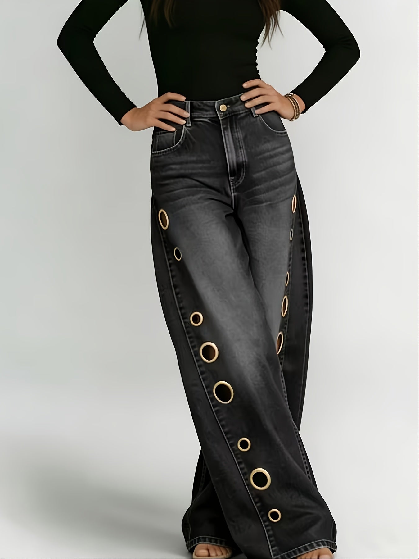 [Retro Denim Jeans] New Retro Style Denim Jeans for Women, With Metal Eyelets Designed for Casual And Loose Fit, High Waisted And Wide Leg Jeans, Street Cool Women's Clothing, Black Retro Blue Light Blue Women's Straight Leg Denim Pants