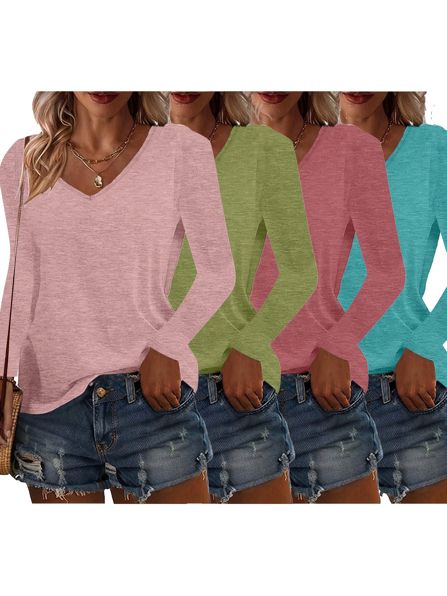 SINHOON 4pcs Women's Clothes Spring And Autumn Casual Top, Solid-Color Long-Sleeved V-Neck T-shirt