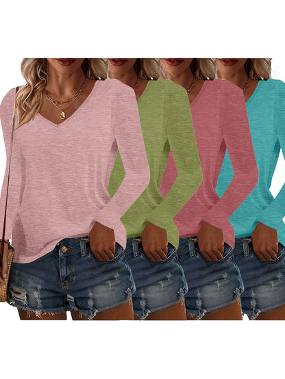 SINHOON 4pcs Women's Clothes Spring And Autumn Casual Top, Solid-Color Long-Sleeved V-Neck T-shirt