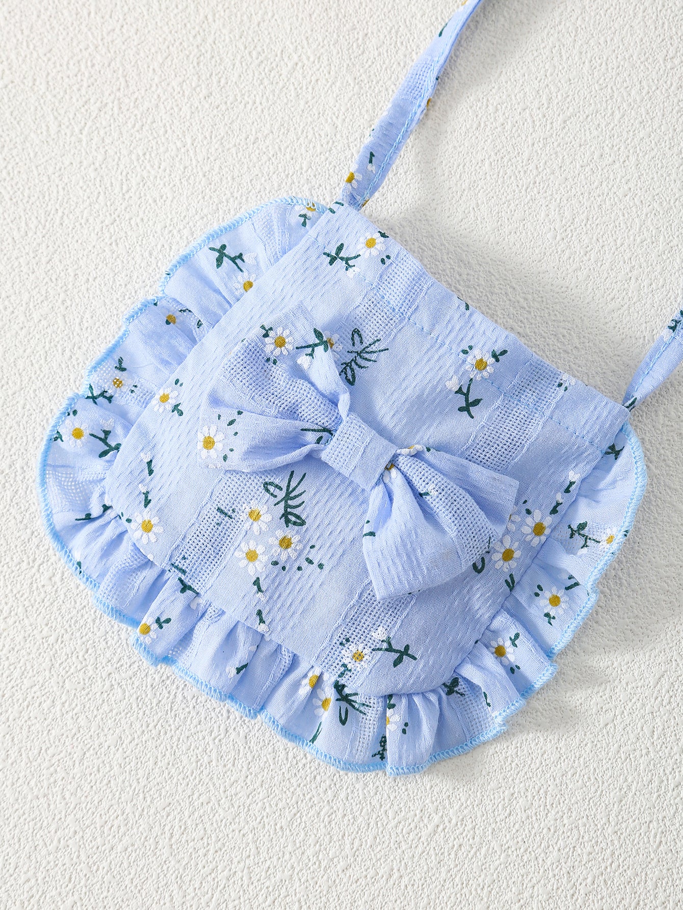 3pcs Casual Baby Girl Blue Dress Set, Small Floral Print and Ruffled Hem Design, with Cute Bag Bow Decoration and Sun Hat, Spring/Summer Princess Drdoor Wedding Occasion, Sister and Little Sister Dresses, Gift