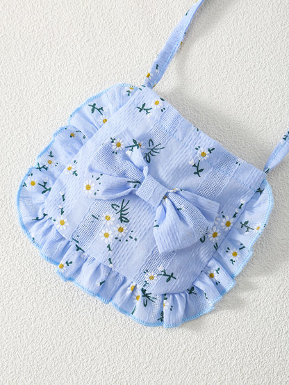 3pcs Casual Baby Girl Blue Dress Set, Small Floral Print and Ruffled Hem Design, with Cute Bag Bow Decoration and Sun Hat, Spring/Summer Princess Drdoor Wedding Occasion, Sister and Little Sister Dresses, Gift