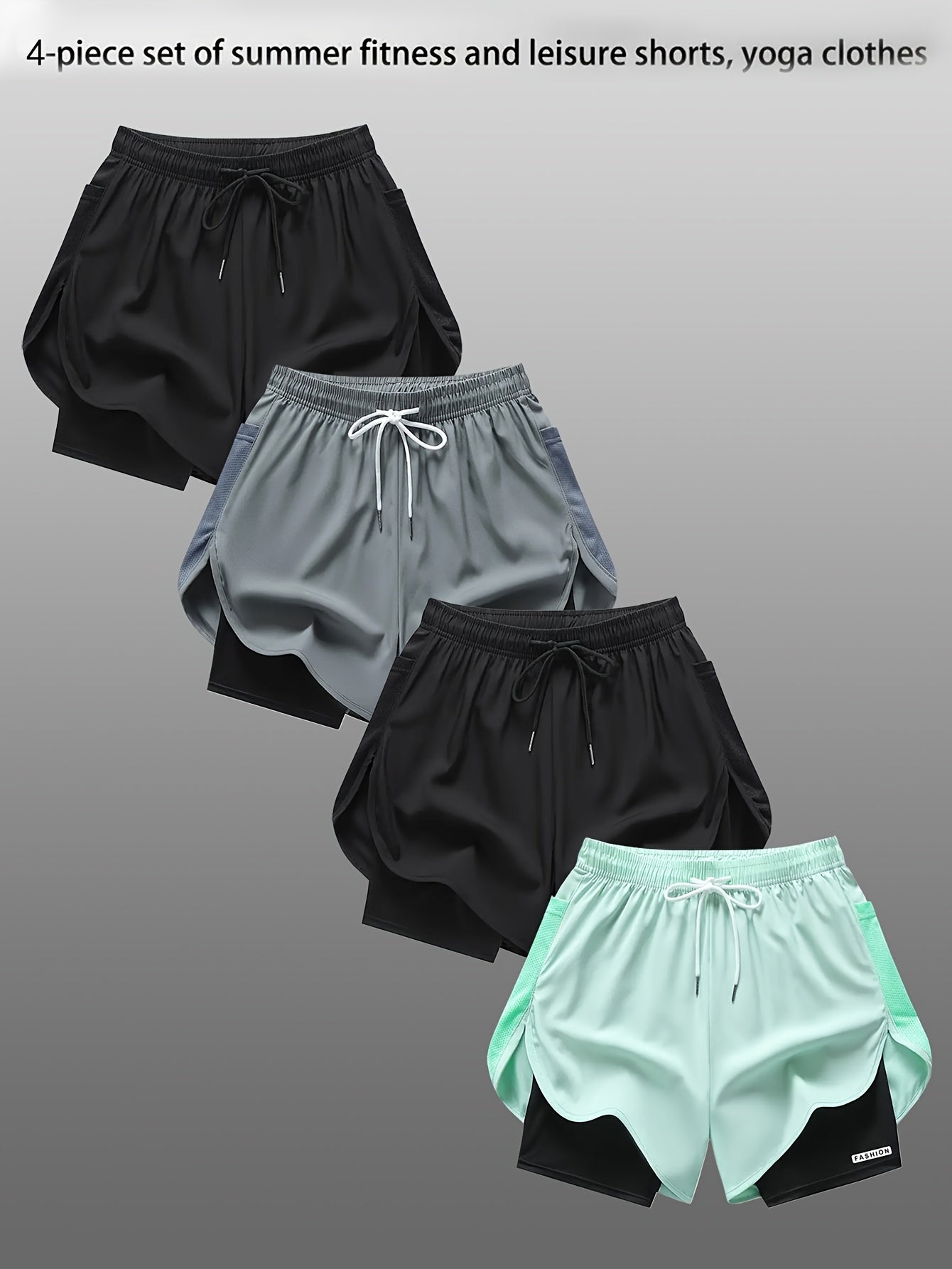 4pcs Summer Women's Casual Sports Shorts, Featuring A Two-piece Layering Design with Letters Suitable for Running And Casual Fitness, Come In Black, Gray, Green And