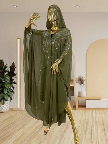 Chic Rhinestone Wrap for Women Featuring Trumpet Sleeves - A Loose-Fitting Long Cape Inspired by Middle Eastern Styles, Adorned with Semi-Sheer Pearls And Crystals, with a Split Hem Perfect for Summer Weddings And Formal Occasions