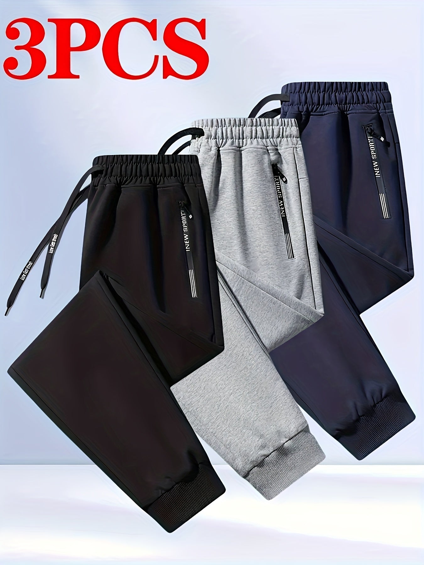 Men's 3pcs Set Solid Color Loose Casual Sport Pants - Letter-printed Zipper Pockets, Elastic Drawstring Waist, All-season Fitness And Daily Jogging Pants, Machine-washable Black/navy Blue/gray - Mens Sweatpants for Summer 3pcs with Pockets