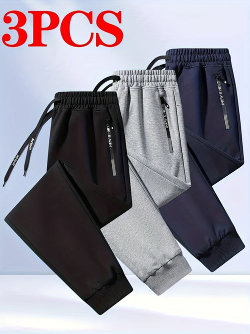 Men's 3pcs Set Solid Color Loose Casual Sport Pants - Letter-printed Zipper Pockets, Elastic Drawstring Waist, All-season Fitness And Daily Jogging Pants, Machine-washable Black/navy Blue/gray - Mens Sweatpants for Summer 3pcs with Pockets