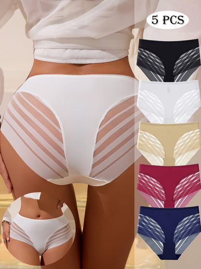 5pcs Sexy Lace Ladies Panties Mid Waist Hip Lift Breathable No Trace Comfortable Stripe Ladies Triangle Pants