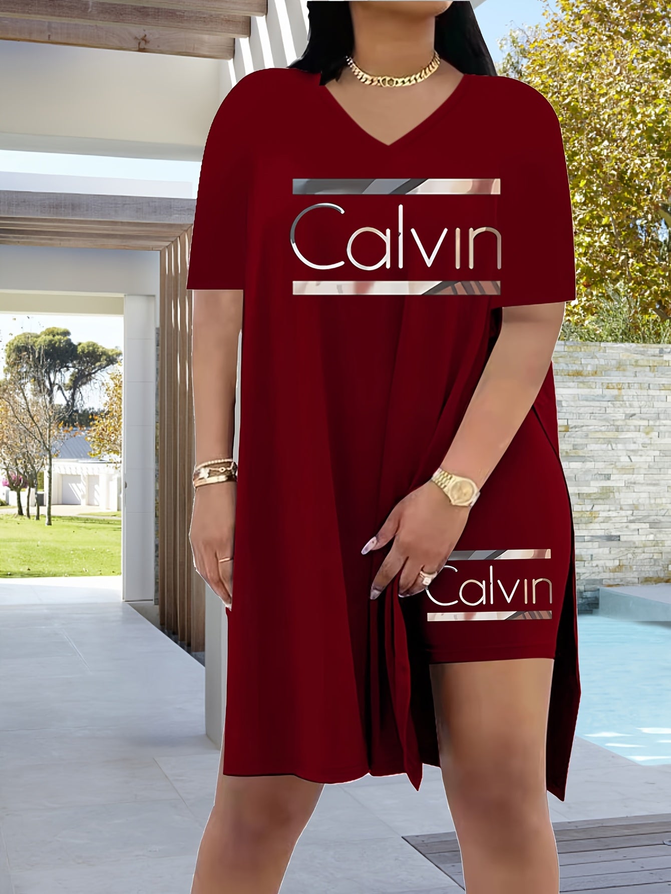 Women's Tawny Polyester Printed V-Neck Shorts - product view 4