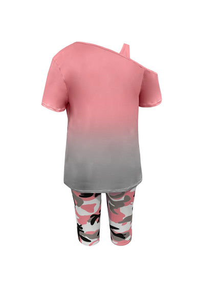 Plus Size - Ladies Fashion Daily Casual Suit, Diagonal Shoulder Camisole Gradient Letter Print Top + Camouflage Capri Pants Design.