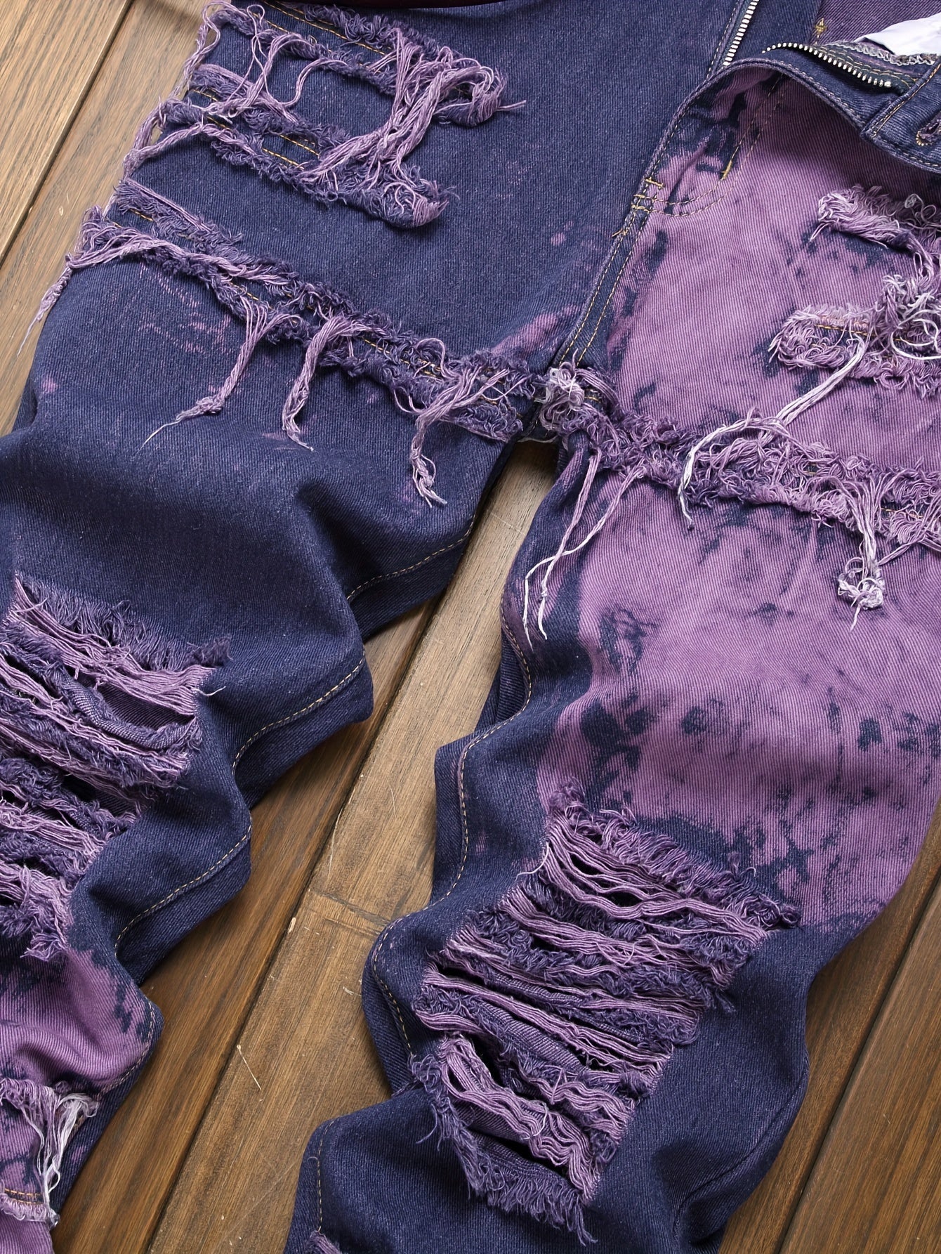 Fashion Trends Stacked Multi-post Fabric Tassels Holes Irregular Tie Flower Splashed Ink Jeans Casual Men's Trousers