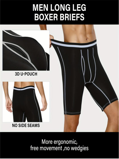 4pcs Men's Long Leg Cotton Underwear Total Support Pouch Boxer Briefs with Open Fly Pouch, Men's Cycling Sports Wear Bottoms, Moisture Wicking & Breathable Slimming Shapewear Body Shape for Men