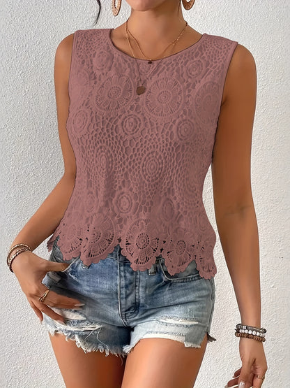 2025 New Women's Elegant Lace Trim Tank Top - Contrast Lace Sleeveless Round Neck Casual Chic Versatile Top, Machine Washable Spring Summer White Party & Casual Attire, Lace Tank Top, Decorative Lace Accents, Soft Natural Fabric