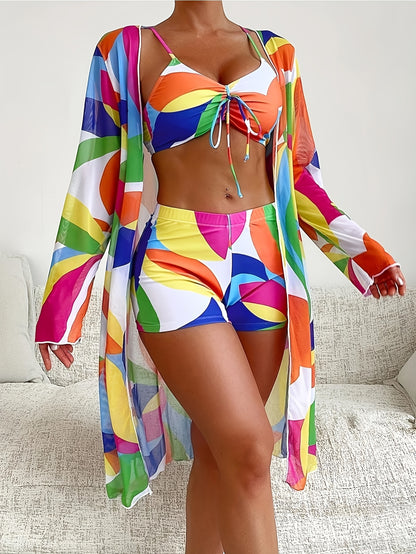 Women'S Red Geometric Color-Blocking Two-Piece Bikini Swimsuit Set, Bikini Top with Front Tie + High-Waisted Shorts + Long-Sleeved Sun-Protective Cover-Up, Beach And Seaside Swimming Fashion Sun-Protective Swimsuit Set