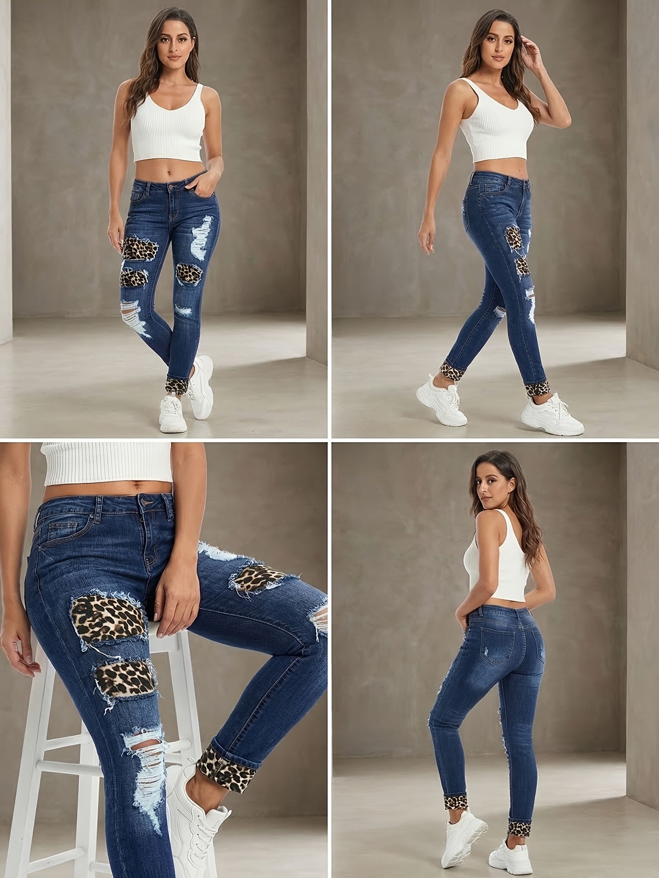Women'S Mid- Rise Skinny Jeans with Leopard Print Patches& Ripped Details, Dark Wash, Stretchy Fabric a Flattering Fit, Edgy& Casual Styles