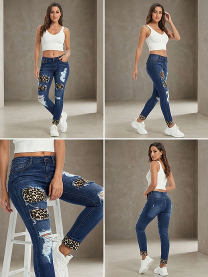 Women'S Mid- Rise Skinny Jeans with Leopard Print Patches& Ripped Details, Dark Wash, Stretchy Fabric a Flattering Fit, Edgy& Casual Styles