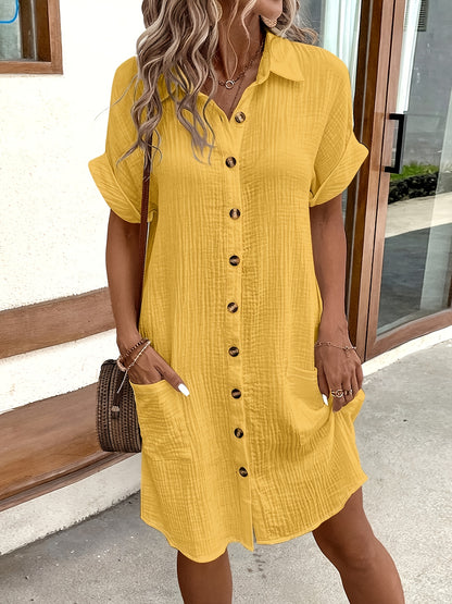 Women's 100% V-Neck Short Sleeve A-Line Dress - Button-Front Blouse Dress, Soft Breathable Casual to Semi-Formal Wear, Machine Washable All-Season Outfit (No) - Pure Shirt Dress