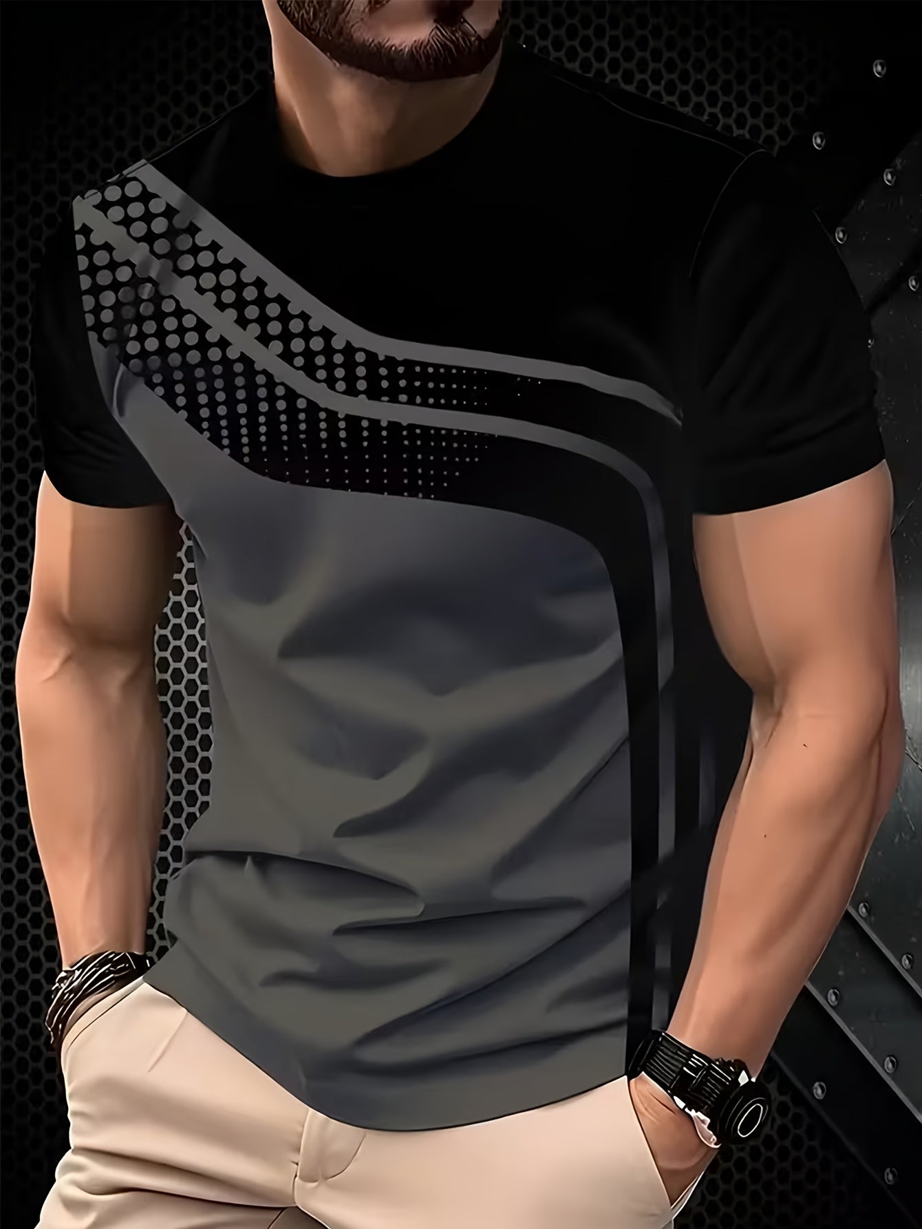 3pcs Men'S Breathable Summer T-Shirt Set - Featuring 3D Digital Patterns with Contrasting Stripes, Regular Fit with Slight Stretch for Fitness And Casual Outdoor Wear, Cute Tops, Stylish Sportswear, Machine Washable, Suitable for Various Occasions