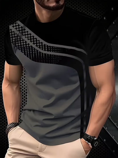 3pcs Men'S Breathable Summer T-Shirt Set - Featuring 3D Digital Patterns with Contrasting Stripes, Regular Fit with Slight Stretch for Fitness And Casual Outdoor Wear, Cute Tops, Stylish Sportswear, Machine Washable, Suitable for Various Occasions