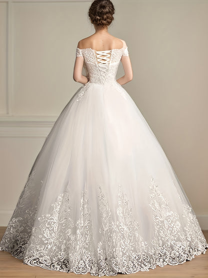 Women's Light Luxury Off-Shoulder Wedding Dress, Elegant Party Wear with Luxurious Lace Embroidery, Graceful and for Wedding Parties