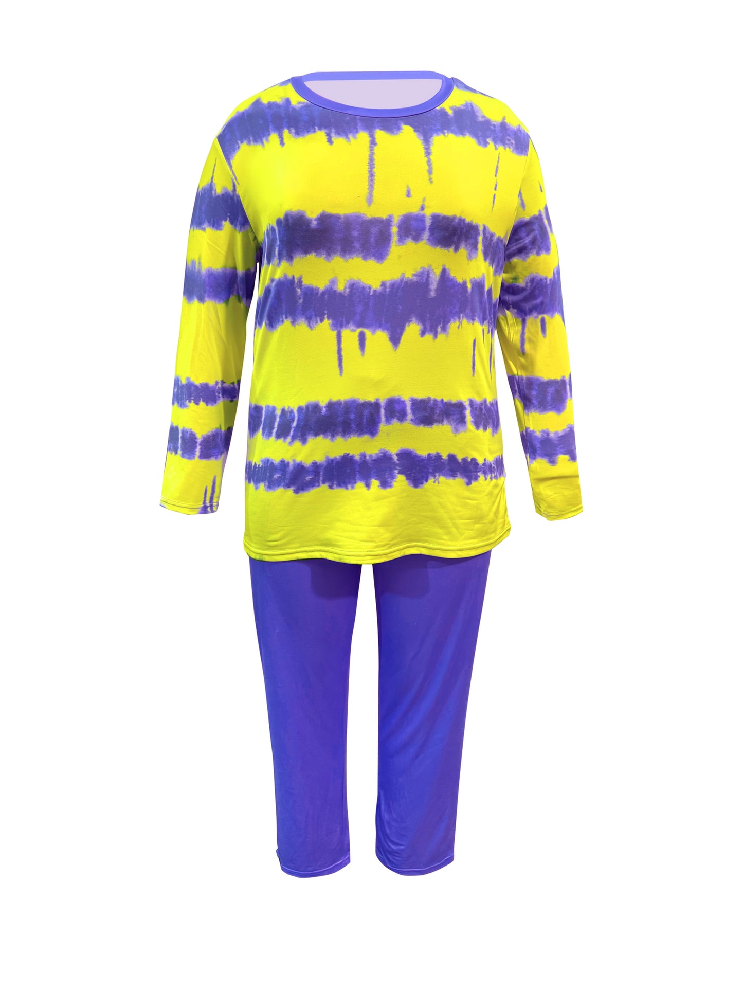 Plus Size - Plus-size Fashion Tie-dye Striped Print Long-sleeved Trousers Suit, Suitable For Going Out