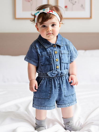 Denim Overalls for Baby Girls Featuring Short Sleeves, a Turn- Collar, Button Closure, And an Elastic Waistband