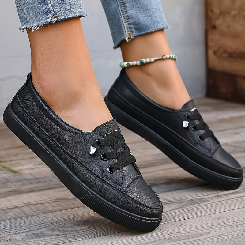 [Non-Slip White Sneakers] Women's Non-Slip White Fashion Sneakers - Wide Toe Lace-Up PU Skate Shoes, Lightweight and Wear-Resistant Outsole Wide-Fit Comfortable Casual Shoes, Shock-Absorbing Soles, Suitable for Daily Commute, Campus, Travel, Outdoor Activ