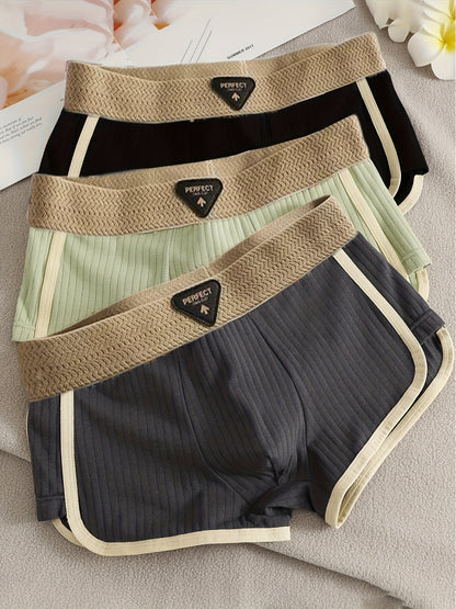 3pcs Men's Ribbed Boxer Briefs - Ultra Soft & Breathable Stretchy Underwear, Striped Casual Boxer Shorts for Running & Casual Attire, Machine Washable, Elegant Waistband, Comfortable Fit