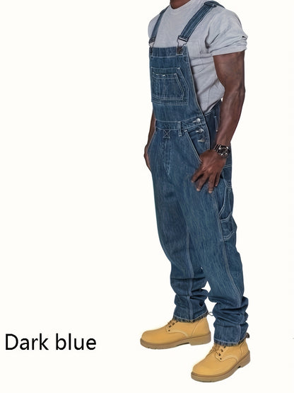 A Blue Men'S Jumpsuit, Casual Fashion Multi-Pocket, Loose Comfortable Solid Color Trend Jeans, Suitable for Spring And Autumn Season