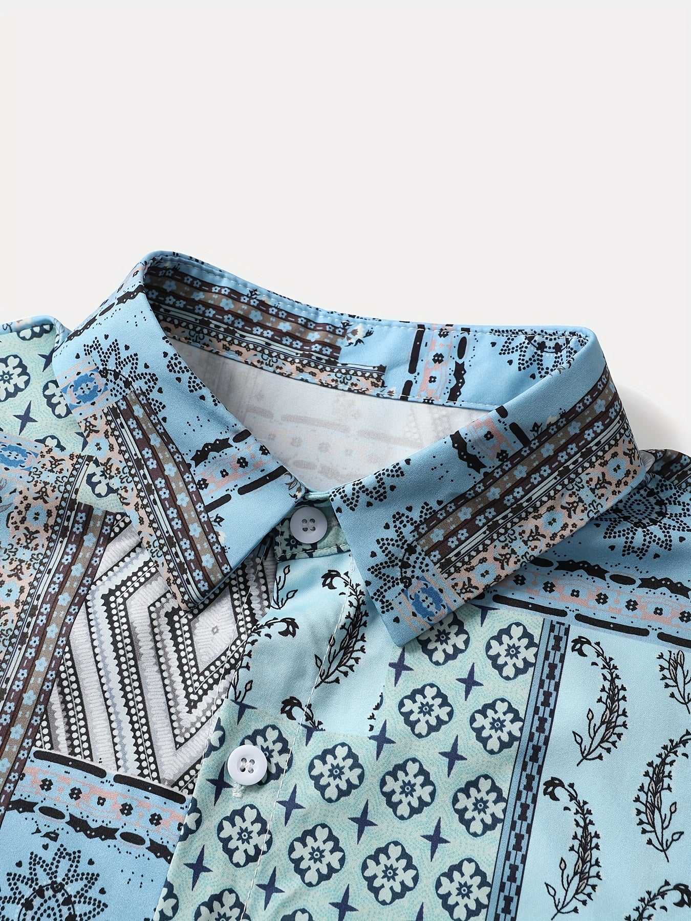 2pcs Men'S Summer Short Sleeve Button-Up Shirt and Pants Set - Light Blue Geometric Print, Casual Regular Fit with Drawstring Waist, Non-Stretch Fabric, Perfect for Casual Attire, Everyday Clothing | Geometric Print Shirt | Woven Fabric Shirt