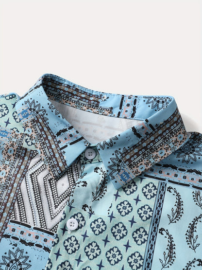 2pcs Men'S Summer Short Sleeve Button-Up Shirt and Pants Set - Light Blue Geometric Print, Casual Regular Fit with Drawstring Waist, Non-Stretch Fabric, Perfect for Casual Attire, Everyday Clothing | Geometric Print Shirt | Woven Fabric Shirt