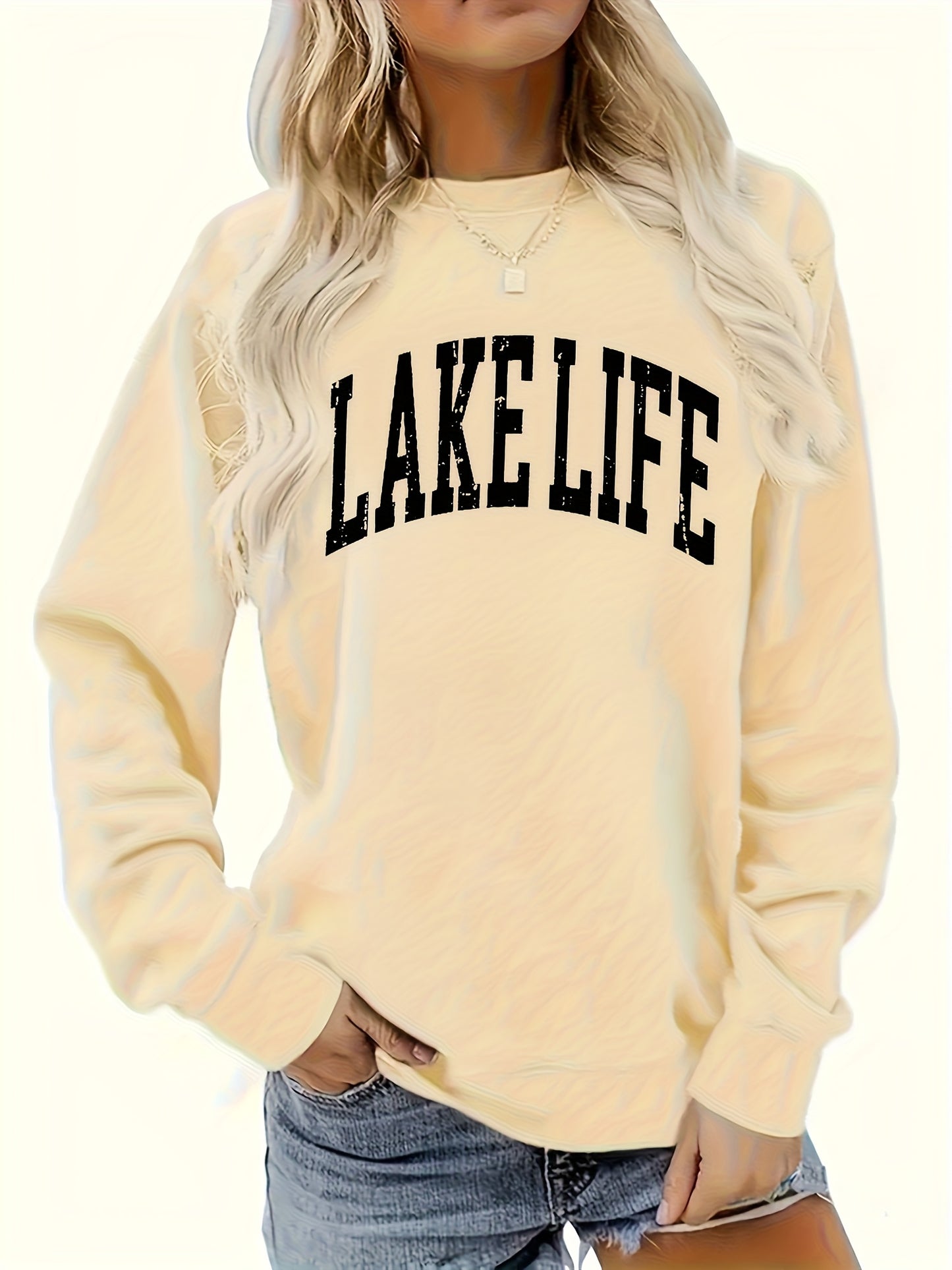Love Life Letter Printed Round Neck Women'S Casual Long Sleeve Long Sleeve Sweatshirt