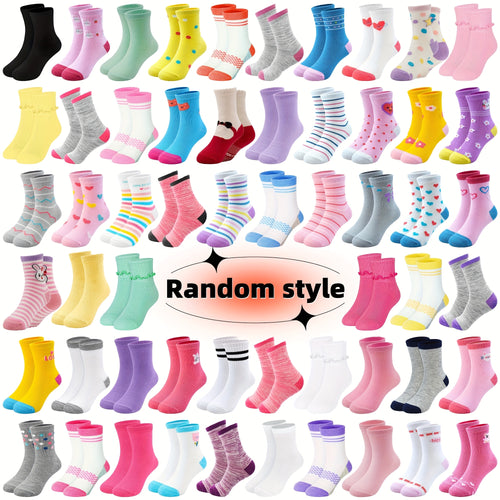 24 Pairs Of Mid-calf Socks for Girls Aged 1 to 14, Cartoon Style, Solid Color And Lace Lace, Randomly Dispatched. Local Warehouse Shipping, Available for Delivery Within 2 to 5 Days