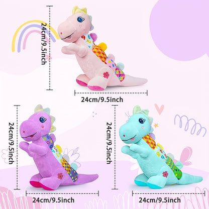 Baby Musical Plush Stuffed Pink Dinosaur Toy with Texture, Crinkle Sound Paper, Squeaky, Rattle, Time Toy for Babies 0-3-6-12+ Months, Great As Easter, Christmas, Halloween And Birthday Gift for Baby Boys And Girls.