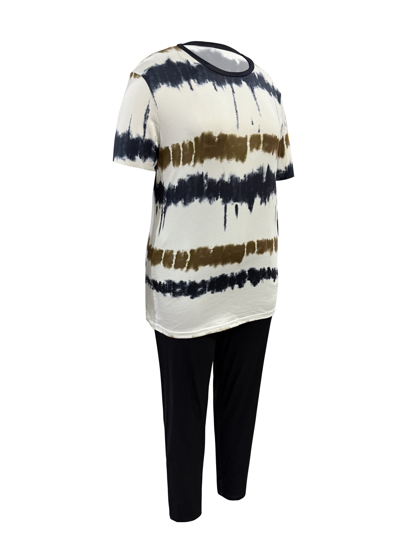 Plus Size, Ladies Plus Size Daily Fashion And Leisure Suit, Horizontal Wavy Striped Printed T-shirt with Short Sleeves And Pocket Trousers, Ladies Elegant Suit.