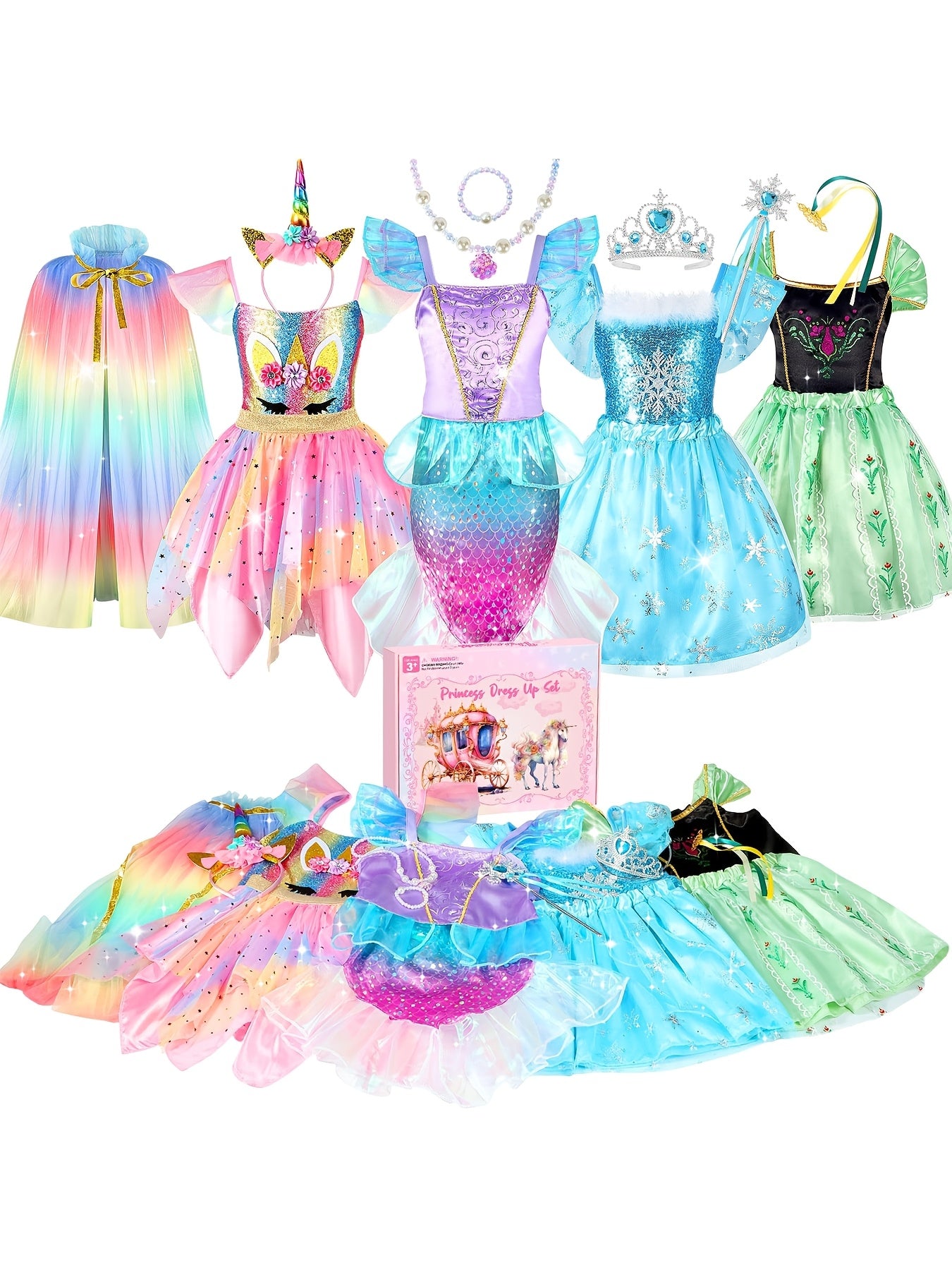 18pcs Princess Dress-Up Clothes Suitable for Role-Play Costumes with Unicorn & Mermaid Costumes, Capes, Jewelry - Birthday Outfits, -Line Skirts & Himos Dresses - Non-Stretch Dress Wear for (18pcs)