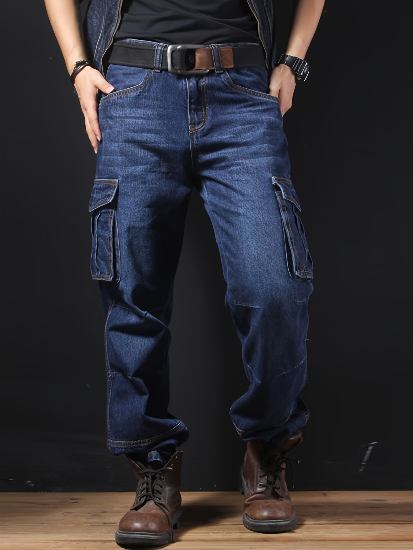 Men'S Outdoor Casual Motorcycle Workwear Multi- Denim Biker Cargo Jeans Trousers