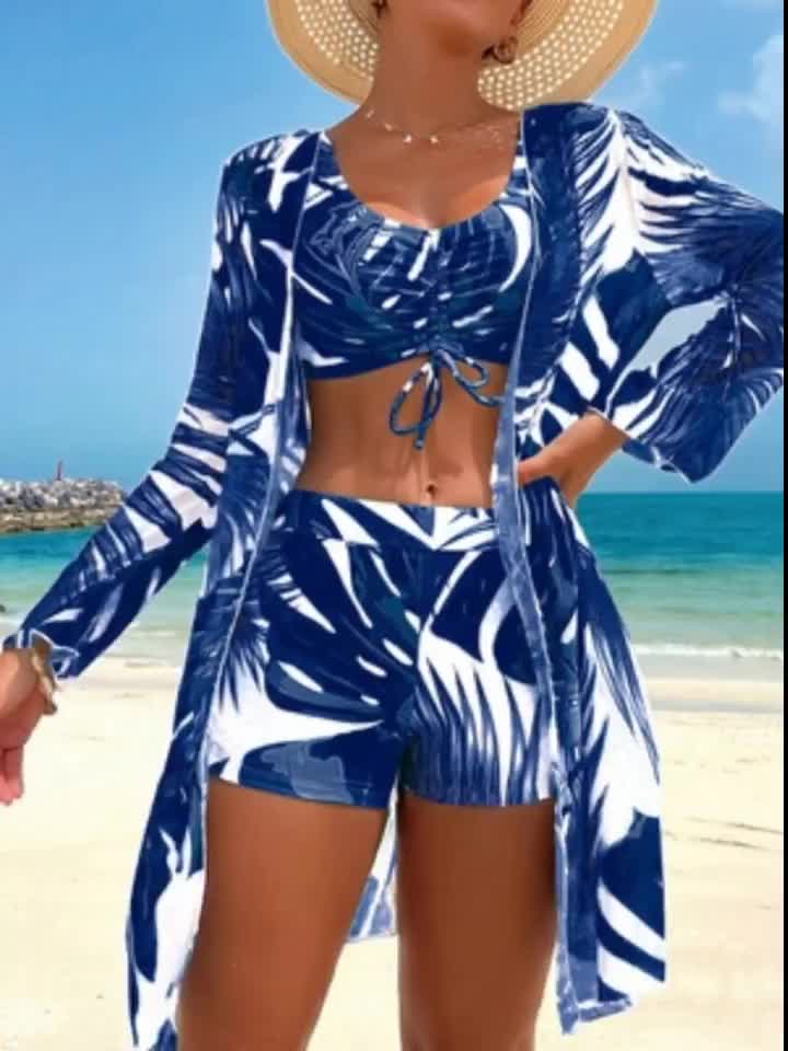 2025 New Clothing Three-Piece Suit Has Function, Blue with Blue And White Printed Outwear, Casual Swimming Clothing Three-Piece Suit