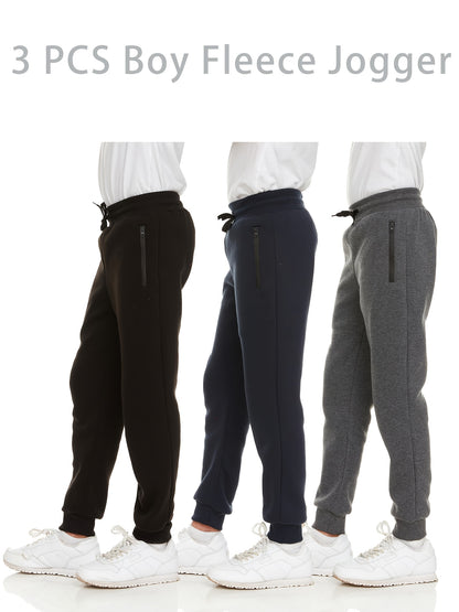 3Pk Boys Sweatpants Athletic Workout Kids Clothes Boys Joggers Pants with Zipper Pocket And Drawstring Size 4-20, Perfect for Outdoor