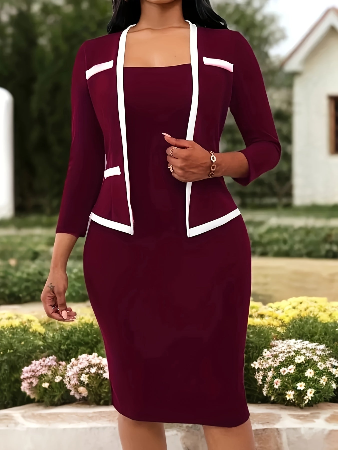 Stylish 2-In-1 Bodycon Dress with Contrast Trim - Long Sleeves, Form-Fitting, Suitable for Office And More - Women'S Professional Attire
